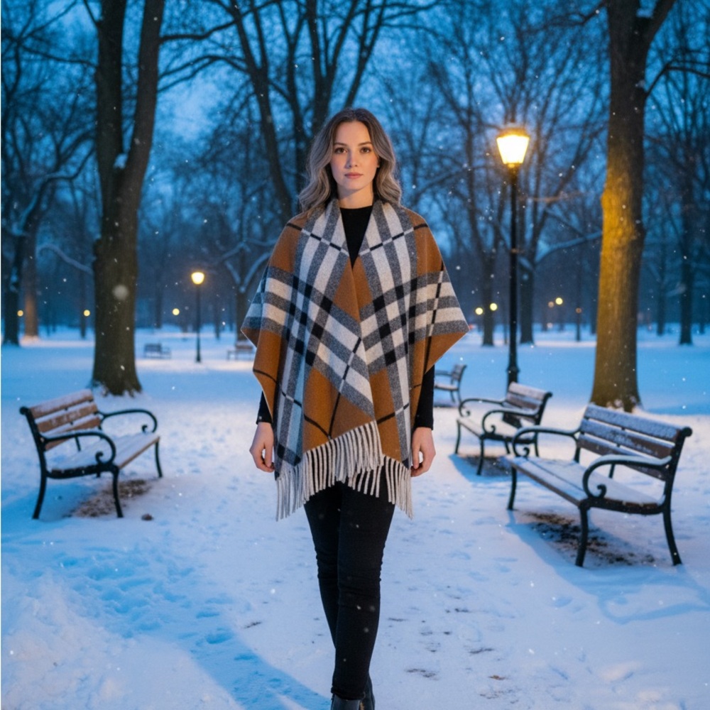 Plaid Poncho with Fringe